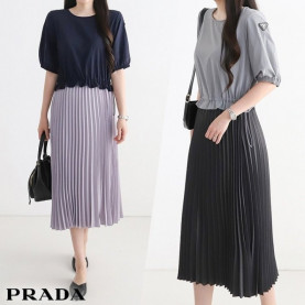  프** Pleated skirt line short sleeve long dress